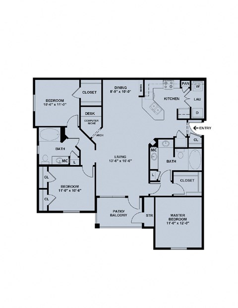 A floor plan of a house with a master suite and a second bedroom.